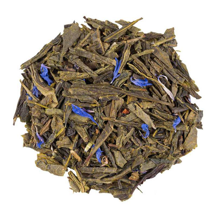 A heavenly pile of green tea adorned with delicate blue flowers, creating a serene and enchanting image.