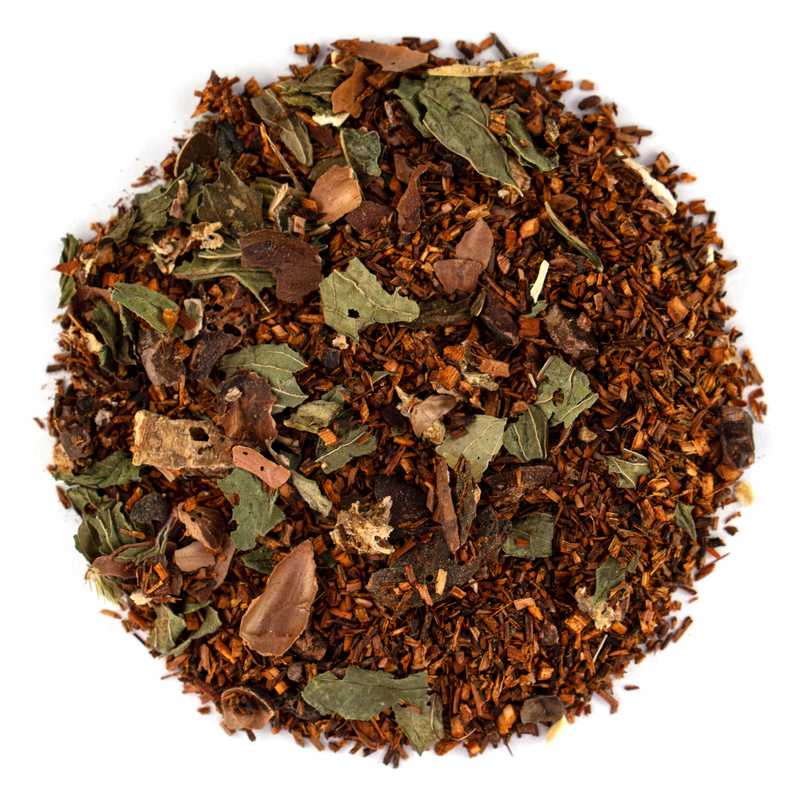 Organic Chocolate Mint Rum Rooibos loose leaf tea with spearmint, cacao nibs, and honeybush
