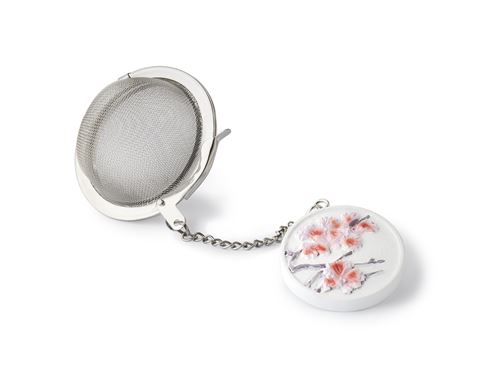 Hand-painted 3D cherry blossom branch charm on stainless steel tea ball steeper.