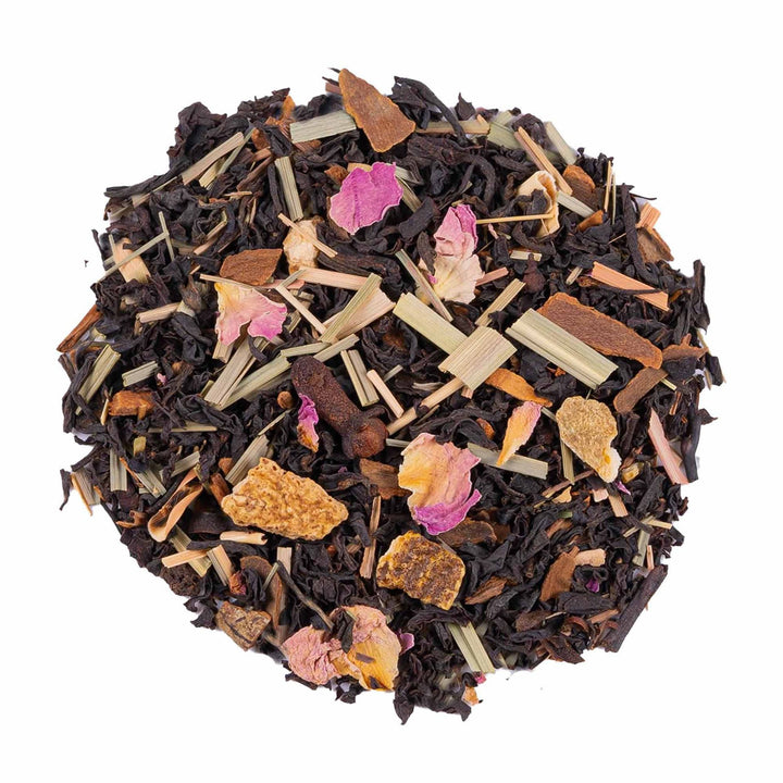 Organic Winter House Black Tea loose leaf with visible orange peel, cinnamon, and rose petals.